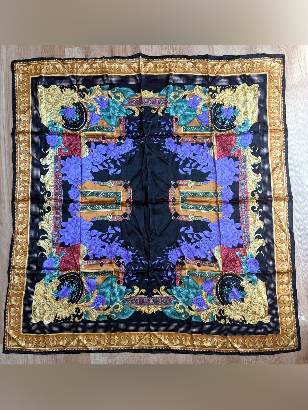 Vintage silk scarf large square Thailand Shinawatra colorful black gold purple